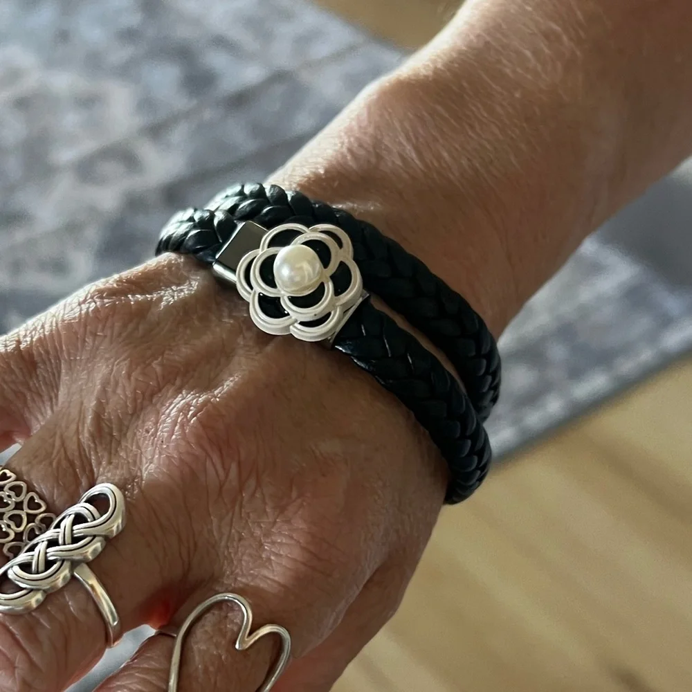 Black Braided Bracelet with Black & White Camellia Flower Charm - Picture 11 of 11